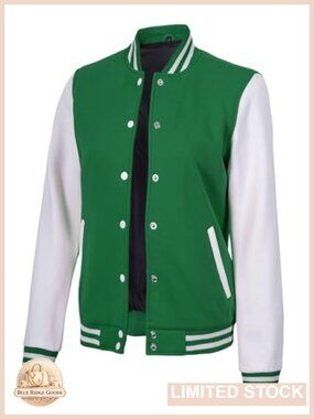 Fleece Varsity Bomber Jacket Snap Closure Casual Letterman